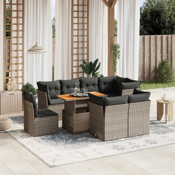 9-tlg. Garten-Sofagarnitur mit Kissen Schwarz Poly Rattan