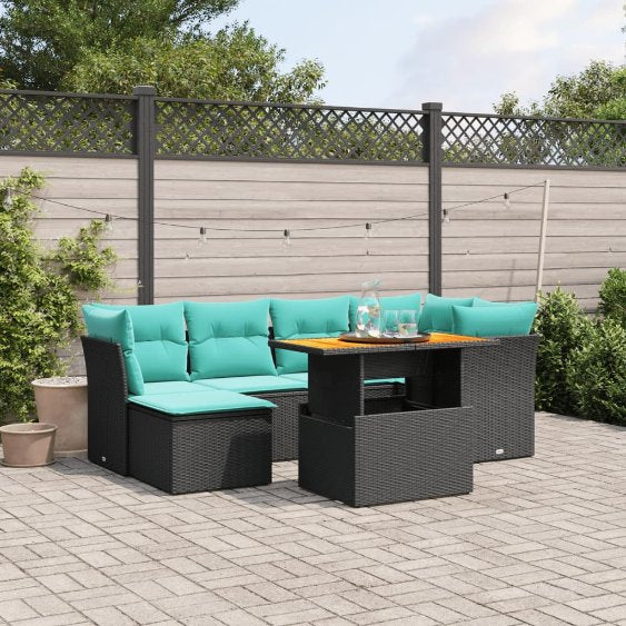 7-tlg. Garten-Sofagarnitur mit Kissen Schwarz Poly Rattan