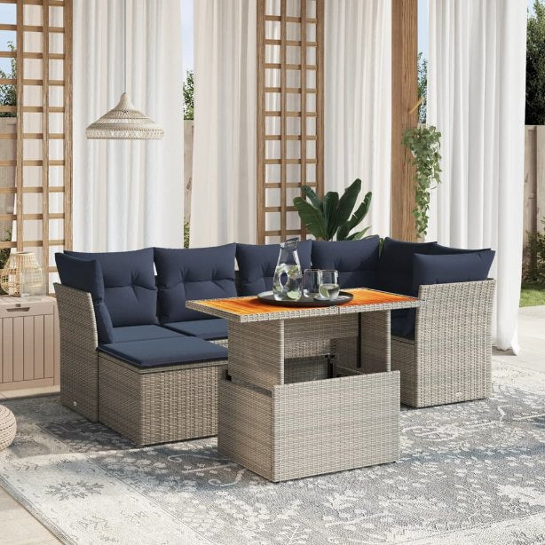 7-tlg. Garten-Sofagarnitur mit Kissen Schwarz Poly Rattan