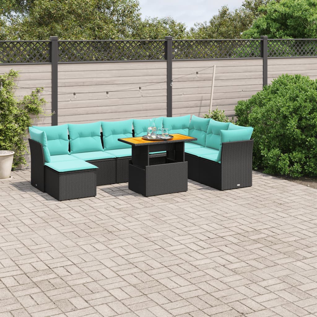 9-tlg. Garten-Sofagarnitur mit Kissen Schwarz Poly Rattan