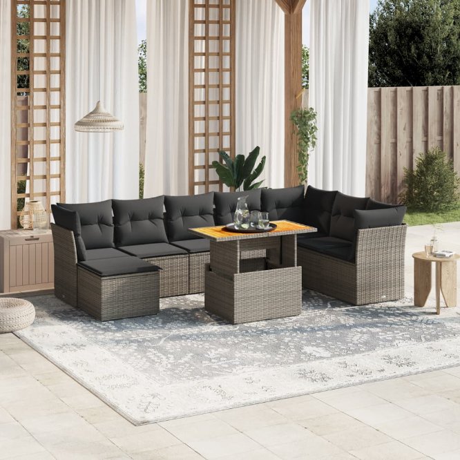 9-tlg. Garten-Sofagarnitur mit Kissen Schwarz Poly Rattan