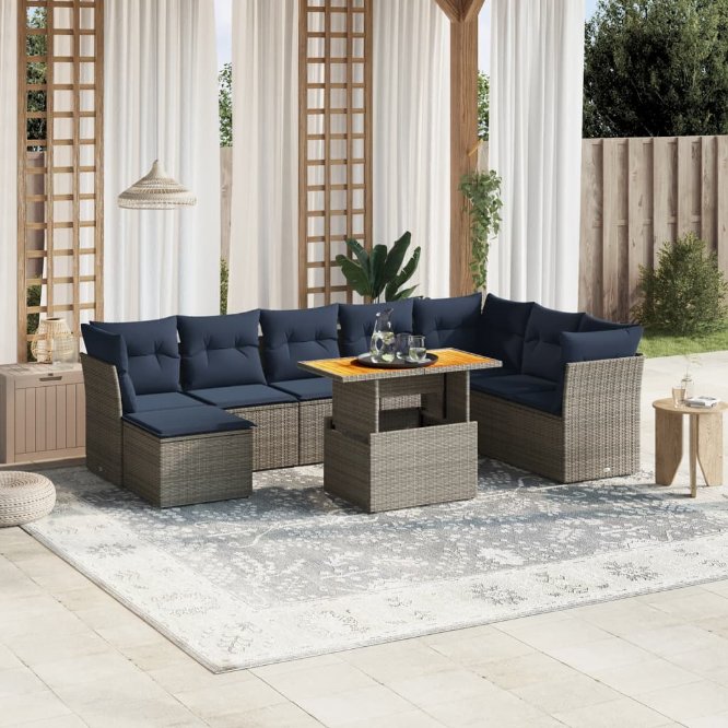 9-tlg. Garten-Sofagarnitur mit Kissen Schwarz Poly Rattan