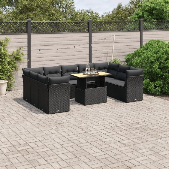 vidaXL 10-tlg. Garten-Sofagarnitur mit Kissen Schwarz Poly Rattan
