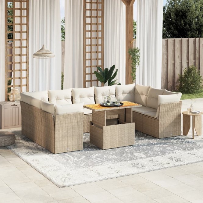 vidaXL 10-tlg. Garten-Sofagarnitur mit Kissen Schwarz Poly Rattan