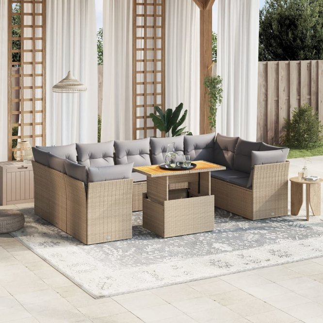 vidaXL 10-tlg. Garten-Sofagarnitur mit Kissen Schwarz Poly Rattan
