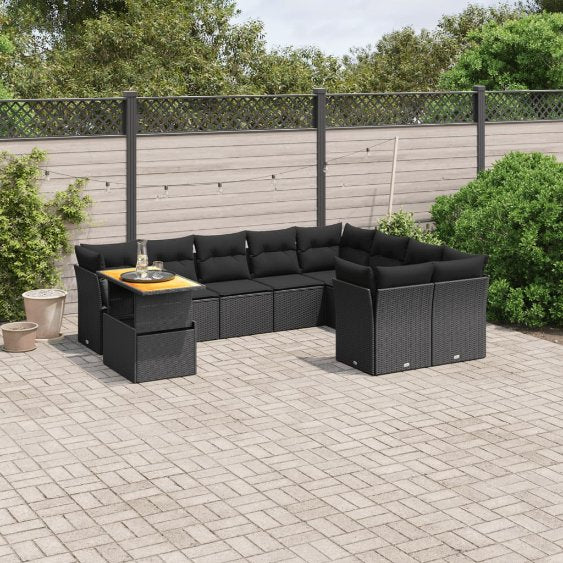 vidaXL 10-tlg. Garten-Sofagarnitur mit Kissen Schwarz Poly Rattan