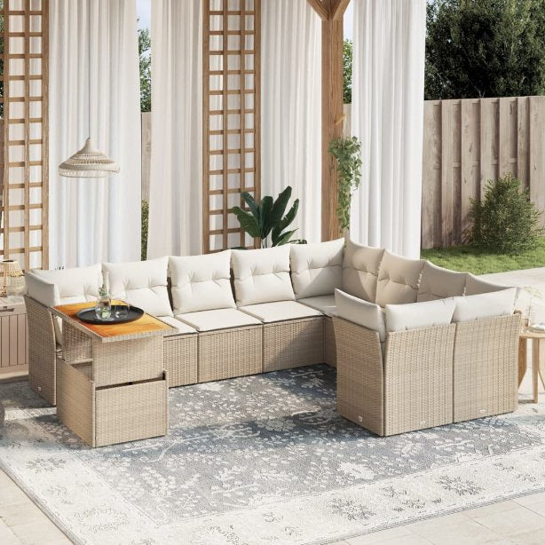 vidaXL 10-tlg. Garten-Sofagarnitur mit Kissen Schwarz Poly Rattan