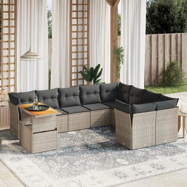 vidaXL 10-tlg. Garten-Sofagarnitur mit Kissen Schwarz Poly Rattan