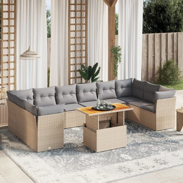 vidaXL 11-tlg. Garten-Sofagarnitur mit Kissen Schwarz Poly Rattan