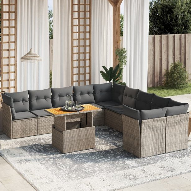 vidaXL 11-tlg. Garten-Sofagarnitur mit Kissen Schwarz Poly Rattan