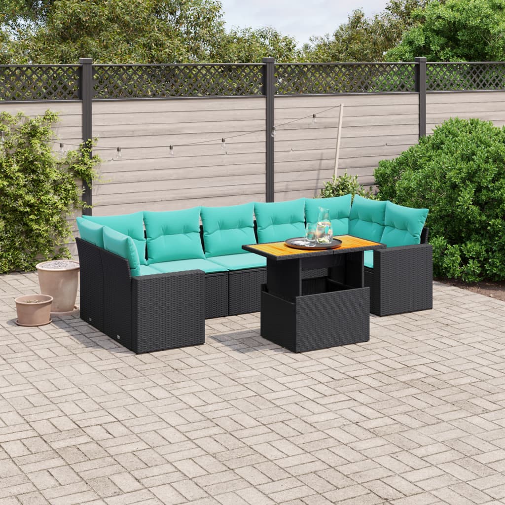 8-tlg. Garten-Sofagarnitur mit Kissen Schwarz Poly Rattan