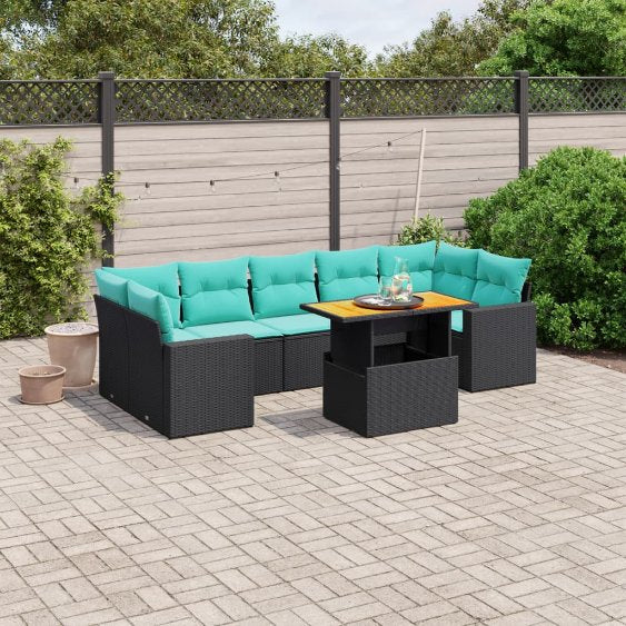 8-tlg. Garten-Sofagarnitur mit Kissen Schwarz Poly Rattan