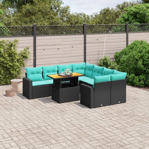9-tlg. Garten-Sofagarnitur mit Kissen Schwarz Poly Rattan
