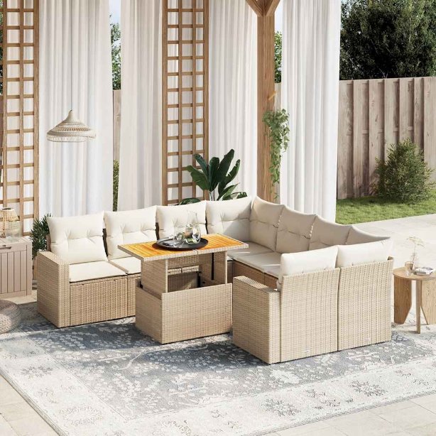 9-tlg. Garten-Sofagarnitur mit Kissen Schwarz Poly Rattan