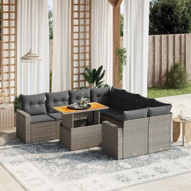 9-tlg. Garten-Sofagarnitur mit Kissen Schwarz Poly Rattan