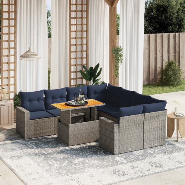 9-tlg. Garten-Sofagarnitur mit Kissen Schwarz Poly Rattan