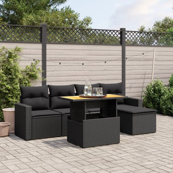 6-tlg. Garten-Sofagarnitur mit Kissen Schwarz Poly Rattan