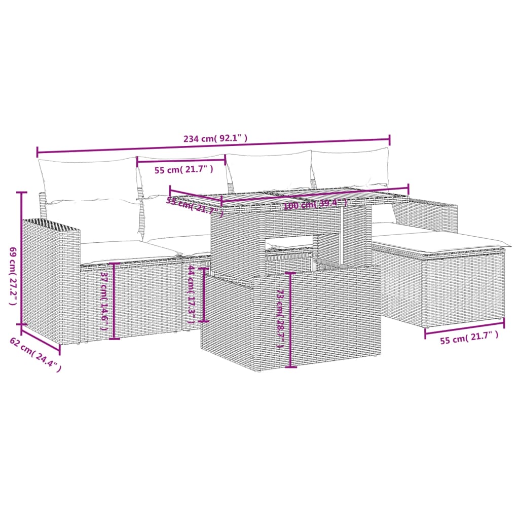 6-tlg. Garten-Sofagarnitur mit Kissen Schwarz Poly Rattan