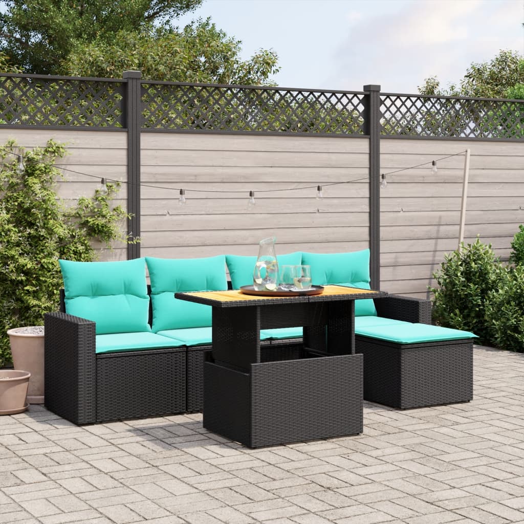 6-tlg. Garten-Sofagarnitur mit Kissen Schwarz Poly Rattan