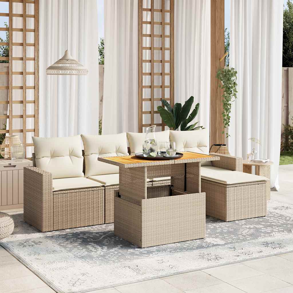 6-tlg. Garten-Sofagarnitur mit Kissen Schwarz Poly Rattan