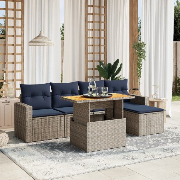 6-tlg. Garten-Sofagarnitur mit Kissen Schwarz Poly Rattan