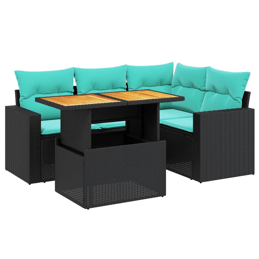 5-tlg. Garten-Sofagarnitur mit Kissen Schwarz Poly Rattan