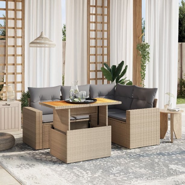 5-tlg. Garten-Sofagarnitur mit Kissen Schwarz Poly Rattan