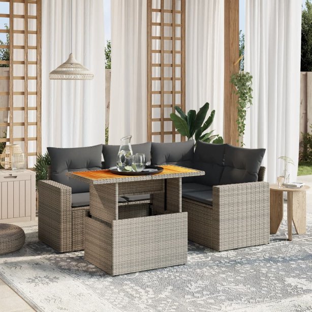 5-tlg. Garten-Sofagarnitur mit Kissen Schwarz Poly Rattan