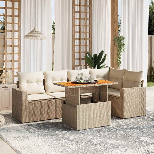 6-tlg. Garten-Sofagarnitur mit Kissen Schwarz Poly Rattan