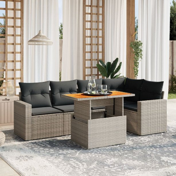 6-tlg. Garten-Sofagarnitur mit Kissen Schwarz Poly Rattan