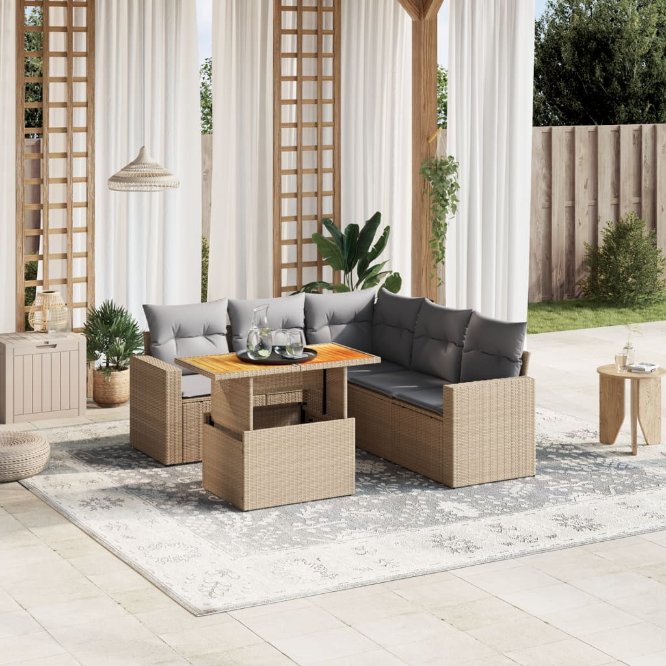 6-tlg. Garten-Sofagarnitur mit Kissen Schwarz Poly Rattan