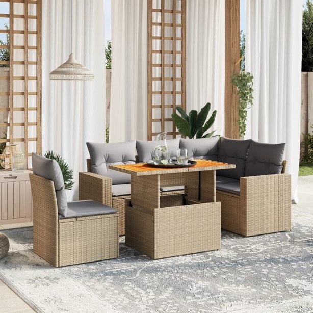 6-tlg. Garten-Sofagarnitur mit Kissen Schwarz Poly Rattan