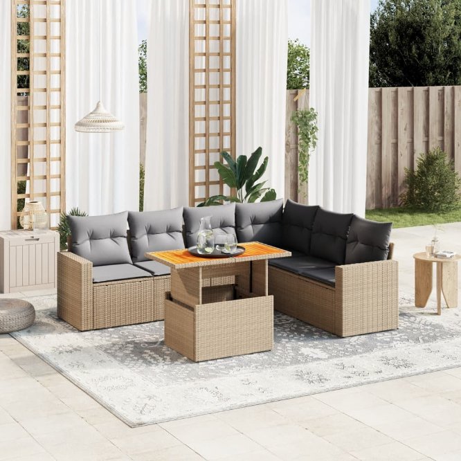 7-tlg. Garten-Sofagarnitur mit Kissen Schwarz Poly Rattan