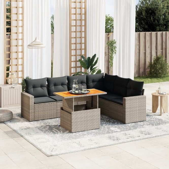 7-tlg. Garten-Sofagarnitur mit Kissen Schwarz Poly Rattan