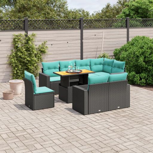 9-tlg. Garten-Sofagarnitur mit Kissen Schwarz Poly Rattan