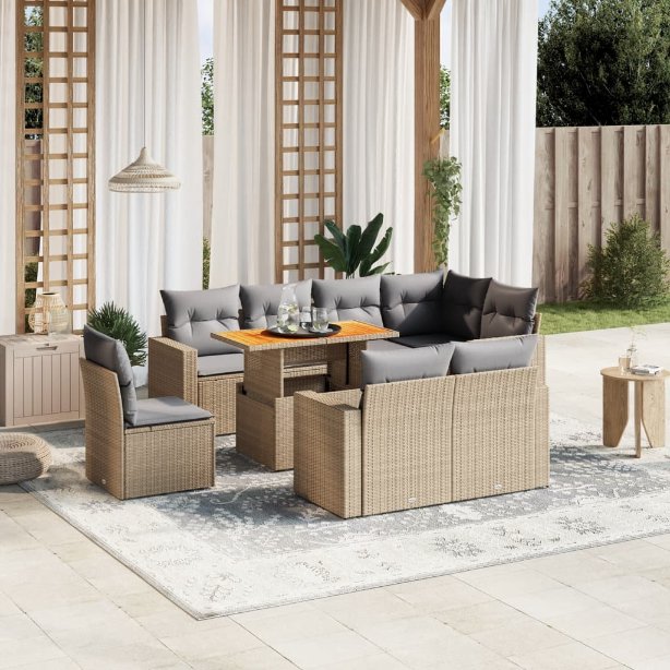 9-tlg. Garten-Sofagarnitur mit Kissen Schwarz Poly Rattan