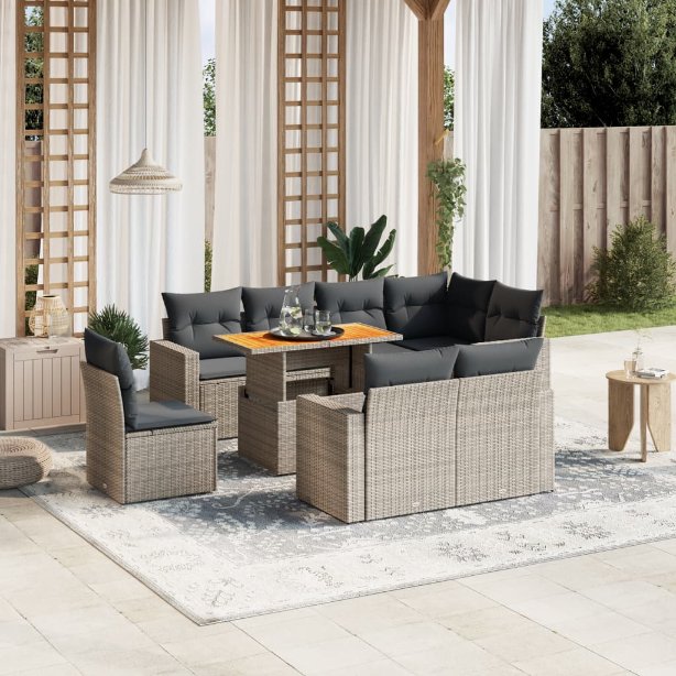 9-tlg. Garten-Sofagarnitur mit Kissen Schwarz Poly Rattan
