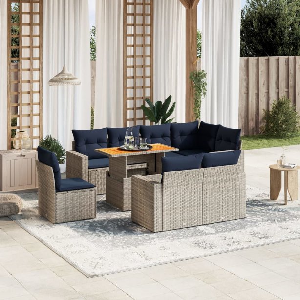 9-tlg. Garten-Sofagarnitur mit Kissen Schwarz Poly Rattan