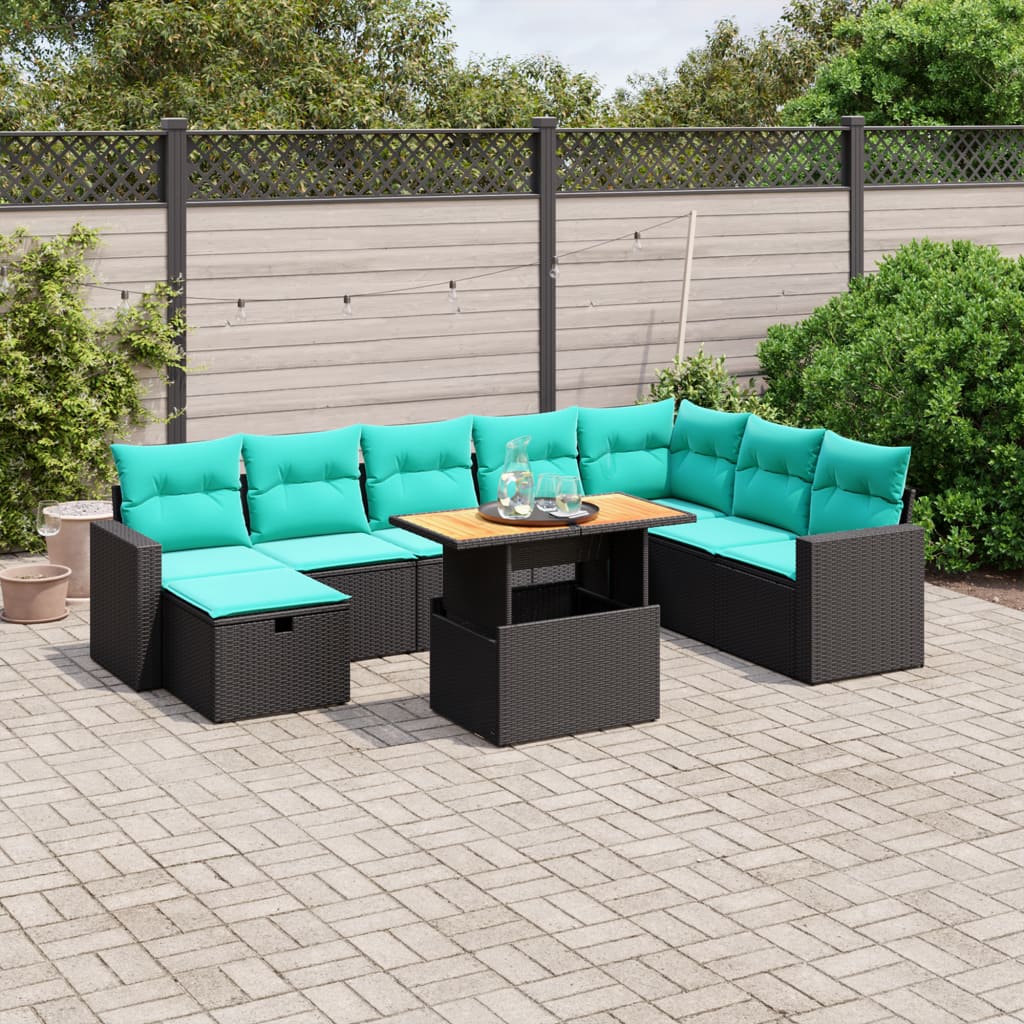 9-tlg. Garten-Sofagarnitur mit Kissen Schwarz Poly Rattan