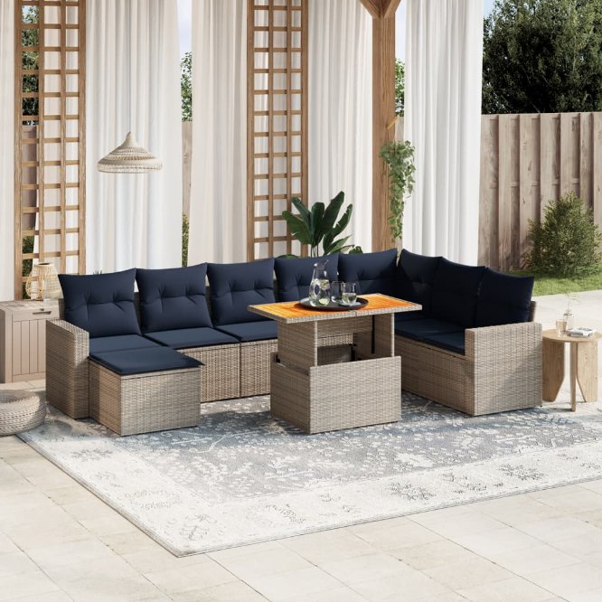 9-tlg. Garten-Sofagarnitur mit Kissen Schwarz Poly Rattan