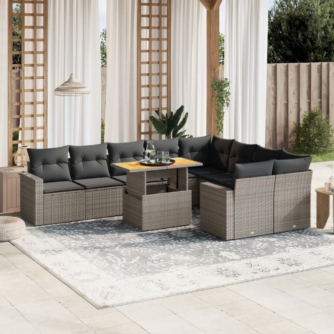 vidaXL 10-tlg. Garten-Sofagarnitur mit Kissen Schwarz Poly Rattan
