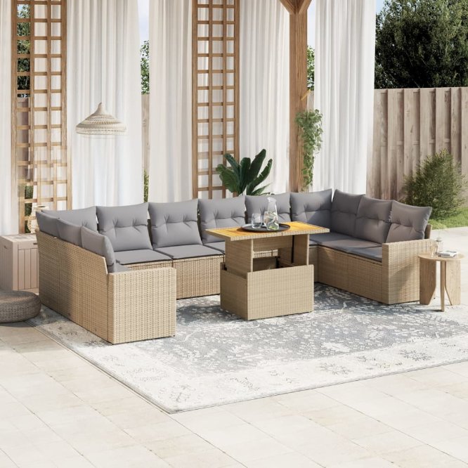vidaXL 11-tlg. Garten-Sofagarnitur mit Kissen Schwarz Poly Rattan