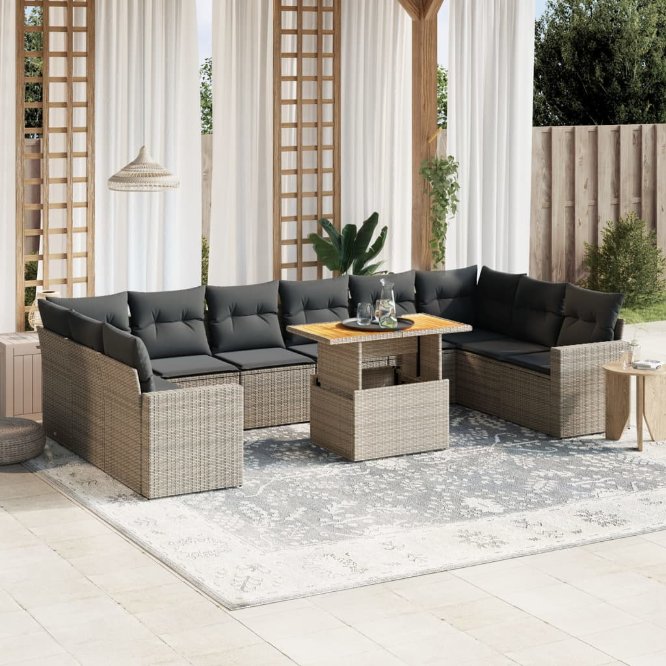 vidaXL 11-tlg. Garten-Sofagarnitur mit Kissen Schwarz Poly Rattan