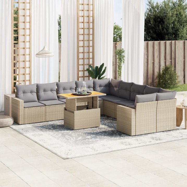 vidaXL 11-tlg. Garten-Sofagarnitur mit Kissen Schwarz Poly Rattan