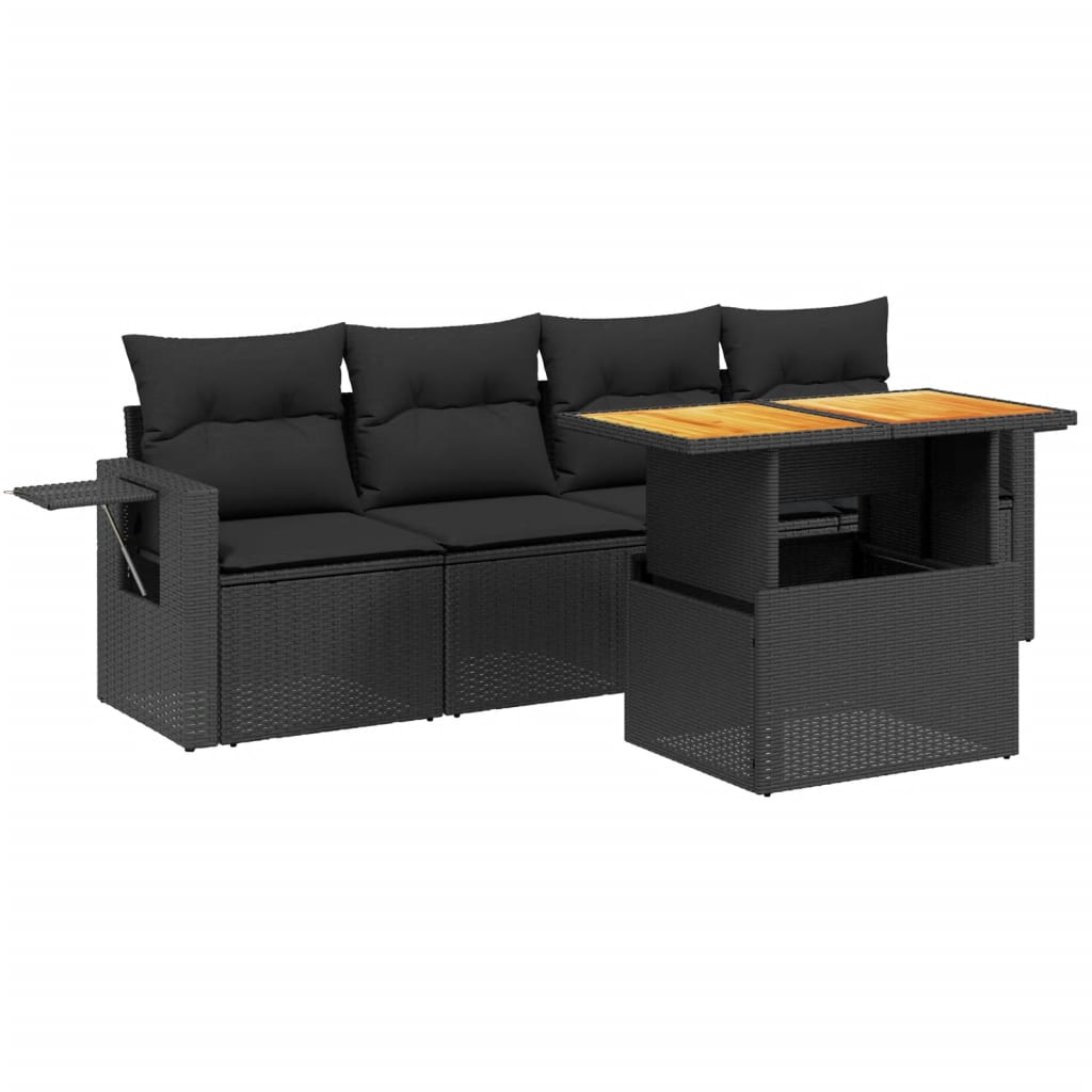 5-tlg. Garten-Sofagarnitur mit Kissen Schwarz Poly Rattan