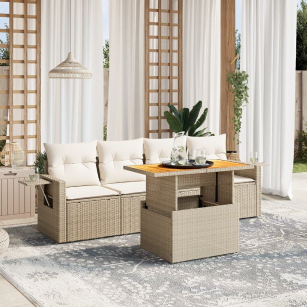 5-tlg. Garten-Sofagarnitur mit Kissen Schwarz Poly Rattan