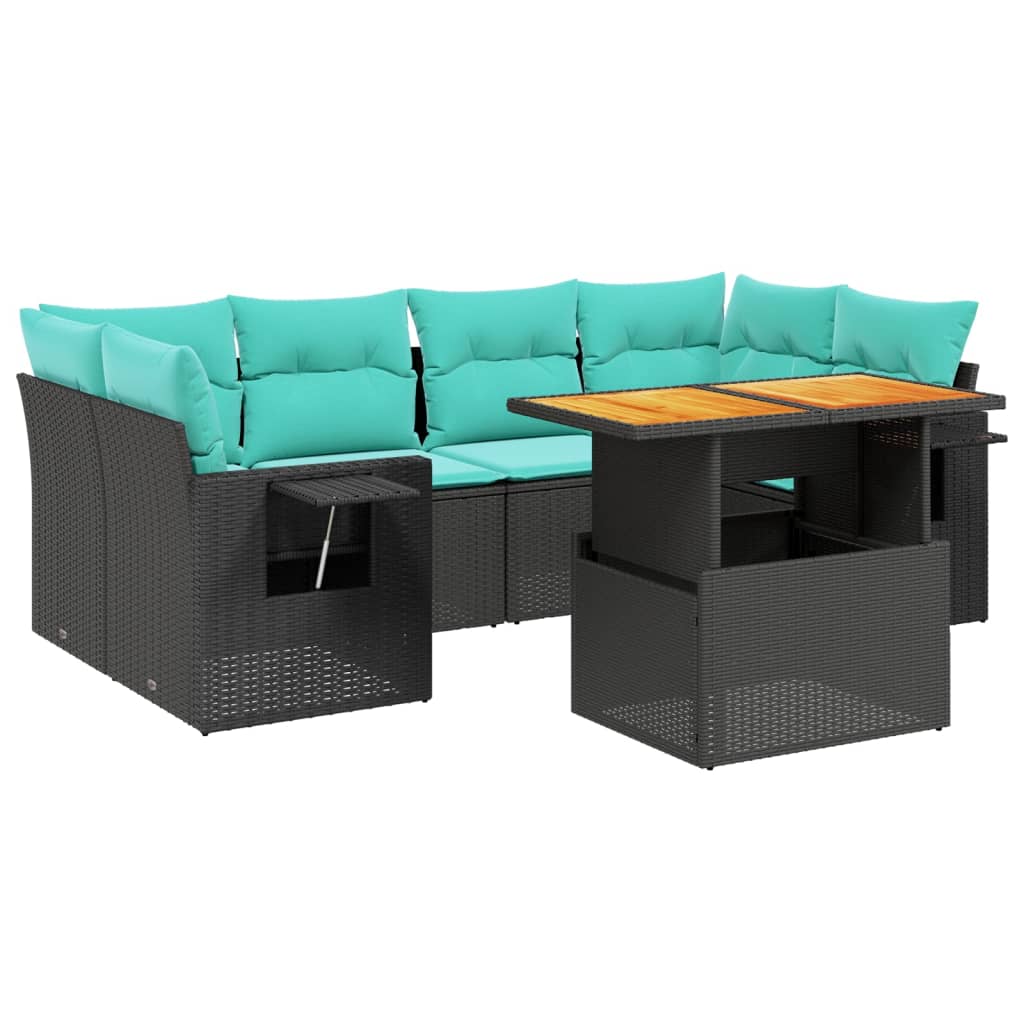 7-tlg. Garten-Sofagarnitur mit Kissen Schwarz Poly Rattan