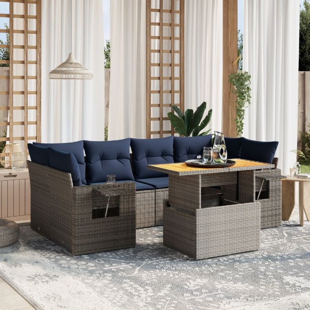 7-tlg. Garten-Sofagarnitur mit Kissen Schwarz Poly Rattan