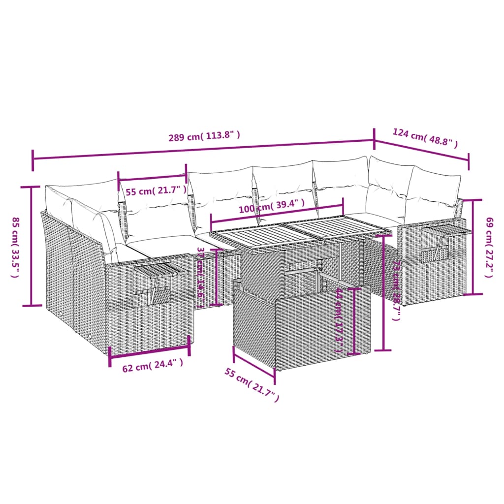 8-tlg. Garten-Sofagarnitur mit Kissen Schwarz Poly Rattan