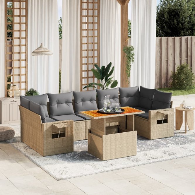8-tlg. Garten-Sofagarnitur mit Kissen Schwarz Poly Rattan